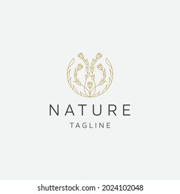 Natural tree flower elegant gold color line art logo icon design template flat vector illustration