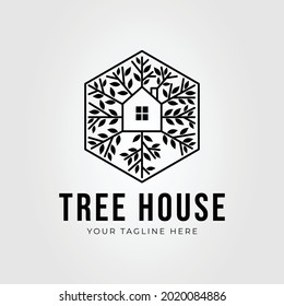 diseño de ilustración vectorial del logotipo de la casa arbórea natural. icono de la placa de la casa verde