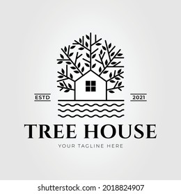 natural tree house on the lakeside logo vector illustration design