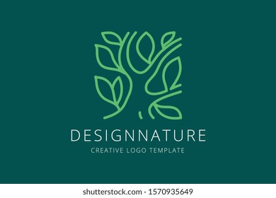 Natural, Tree and leaf logo design template, Linear minimal style vector design for eco, cosmetic and beauty brand identity.