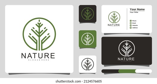 Natural Tree logo with gradient unique and business card. Premium Vector