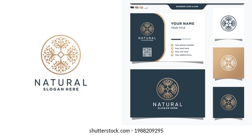 Natural tree logo template with circle concept and business card design Premium Vector