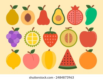 Natural tropical fruit doodles illustration, organic fruits or vegetarian food. Vector icons illustration set