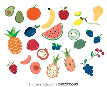 Natural tropical fruit, doodles  Vegan kitchen  hand drawn, organic fruits or vegetarian food. Vector isolated icons illustration set