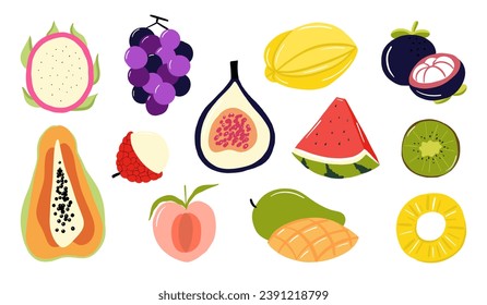 Natural tropical fruit. Set of different fruits and berries. Collection of organic vitamins and healthy nutrition Watermelon, pineapple, Mango, Peaches, Kiwifruit, Fig, Lychee, Papaya, Grapes.