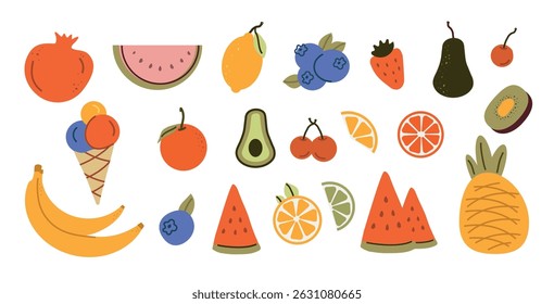Natural tropical fruits, citrus orange, vitamin lemon, avocado, strawberry, pineapple. Hand-drawn for print, banner, poster, social network. art  cute icons, isolated icons on a white background.