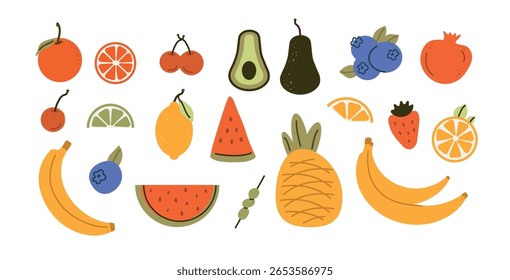 Natural tropical fruits, citrus orange, vitamin lemon, avocado, strawberry, pineapple. Hand-drawn for print, banner, poster, social network. art  cute icons, isolated icons on a white background.