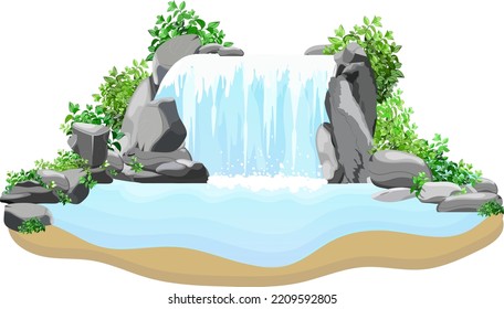 Natural tropical landscape with a waterfall flowing between rocks and stones. A water stream flows into a blue lake overgrown with wild bushes and trees. Vector illustration in a cartoon style.