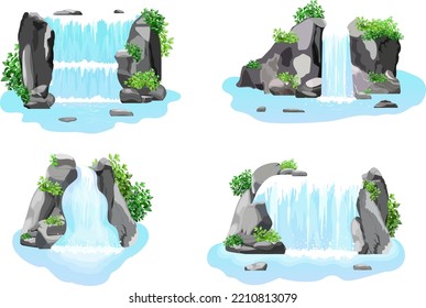 Natural tropical landscape with a waterfall flowing between rocks and stones. A water stream flows into a blue lake overgrown with wild bushes and trees. Vector illustration in a cartoon style.