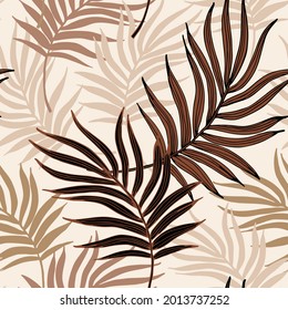 Natural tropical leaves seamless pattern in pastel and brown colors. Hand drawn curved palm leaves silhouettes and sketches background. Vector illustration for summer beach print, wallpaper design