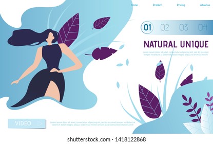 Natural Unique Flat Landing Page with Place for Advertising Text and Button to Go to Video Presentation. Cartoon Woman with Long Hair in Elegant Dress. Hair-Spray Ad Vector Fashion Beauty Illustration