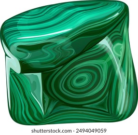 Natural untreated malachite gem. 
Vector illustration of green malachite ornamental stone with rich color and shine. Malachite, with its exquisite green hues and mesmerizing patterns, is coveted piece