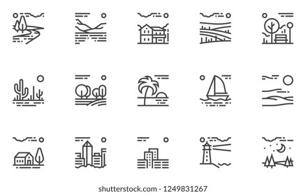 Natural And Urban Landscape. Vector Line Icons Set. Farm, Megapolis, Desert, Field, Forest, River, Park. Editable Stroke. 48x48 Pixel Perfect.