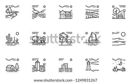Natural And Urban Landscape. Vector Line Icons Set. Farm, Megapolis, Desert, Field, Forest, River, Park. Editable Stroke. 48x48 Pixel Perfect.