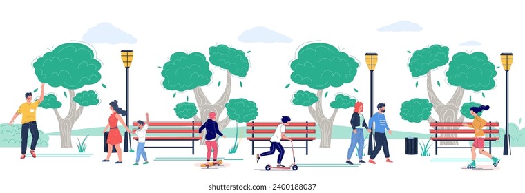 Natural urban public park visitors walking, meeting, riding eco-friendly transport vector illustration. Young man and woman, children, loving couple spending time outdoors