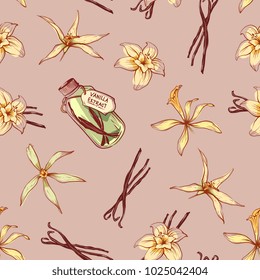 Natural vanilla spice seamless pattern. Exotic asian spice for dessert or parfum industry vector illustration. Vanilla flower sticks, leaves and extract oil bottle isolated on brown background.