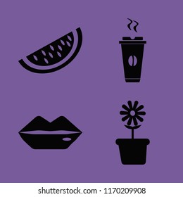 natural vector icons set. with flower pot, hot coffee, lips and watermelon slice in set