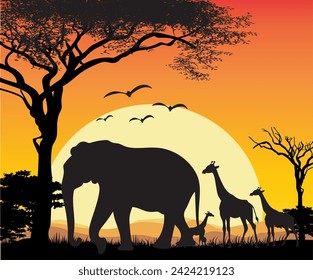 Ilustración vectorial natural de animales en el bosque.