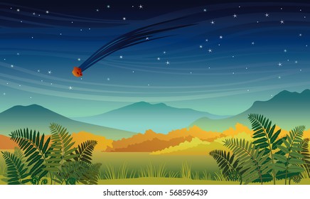 Natural Vector Illustration With Falling Meteorite On A Night Starry Sky. Autumn Landscape With Mountains, Grass, Fern, Forest And Meteorite.