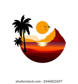 
Natural vector illustration of mountains and beaches, complete with palm trees and sunlight which adds to the natural beauty. created with the concept of a circular nature logo