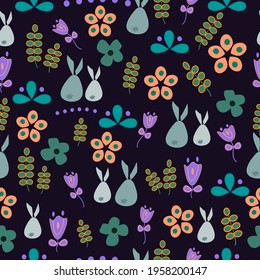 natural vector pattern. Seamless. with rabbits and flowers