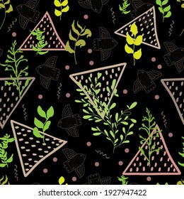 Patrón natural de aves, ramas, hojas y triángulos abstractos, zigzags con puntos.Fondo para tela, textil, papel, papel, invitaciones de primavera y tarjetas.