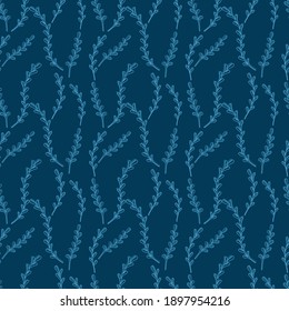 Natural vector seamless pattern branch light blue elements on dark background. Template for the design of wallpaper, tiles, fabrics and dishes