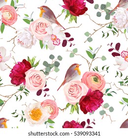 Natural vector seamless pattern with cute robin birds and bouquets of peachy roses, white and burgundy red peony, orchid, eucalyptus, green plants mix and ranunculus in japanese style