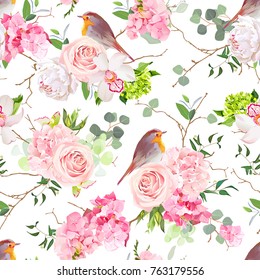 Natural vector seamless watercolor pattern with cute robin birds and bouquets of peachy roses, pink and green hydrangea, orchid, white peony, eucalyptus in japanese style.All elements are editable