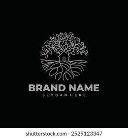 Natural Vector Tree house Logo Illustration with Tree Roots.