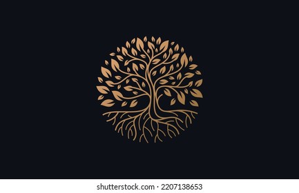 Natural Vector Tree Logo Illustration Nature Tree Golden Roots and Growth Design Template