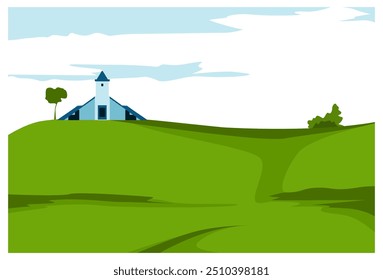 
Natural vector view of shark hills and houses, complete with blue sky above, suitable for backgrounds, wall decorations, advertisements.