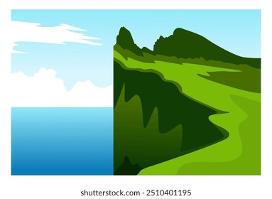 
Natural vector views of green cliffs and blue beaches, sea, complete with blue sky above, suitable for backgrounds, wall decorations, advertising.