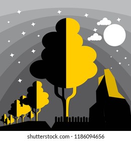 natural vectors, trees, clouds, moon, sky and stars