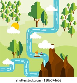natural vectors, trees, rivers, clouds, sun and hills