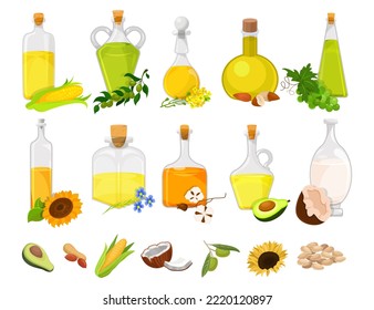 Natural Vegetable Oil Poured in Glass Corked Jars with Ingredients Big Vector Set