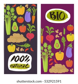 Natural vegetable vertical flyers set vector illustration. Colorful vegetables background. Natural cabbage, tomato, radish, mushroom, peppers, potatoes, carrots. Vegetarian food, healthy lifestyle.