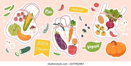 Natural vegetables food in net shopping bags. Raw organic tomatoes, pepper, carrot ingredients groceries purchases. Various vegan agriculture products stickers background flat vector illustration