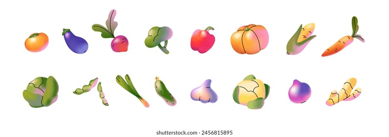 Natural vegetables of gradient style with linear set. Different healthy farm food. Colourful drawing veggies: greens, pumpkin, eggplant, corn. Flat isolated vector illustrations on white background