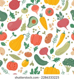 Patrón de verduras naturales sin fisuras. Fondo vegetal orgánico. Vegetales y productos saludables del huerto, tomate orgánico, brócoli fresco, ensalada. Textura vectorial. Ingredientes vegetarianos como pimienta, guisantes