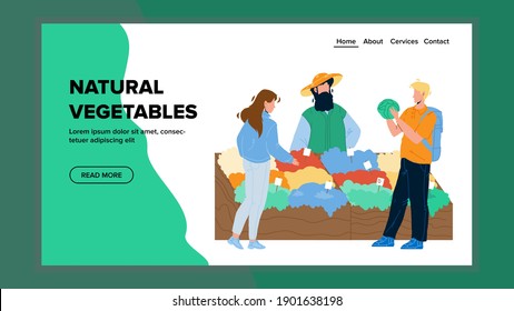 Natural Vegetables Selling Farmer Seller Vector. Customers Man And Woman Choose Eco Natural Vegetables At Agricultural Market Counter. Characters Buying Fresh Food Web Flat Cartoon Illustration