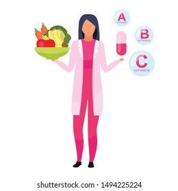 Natural versus synthetic vitamins flat vector illustration. Female doctor holding bowl of fresh fruits, vegetables isolated cartoon character on white background. Dietitian explaining food supplements