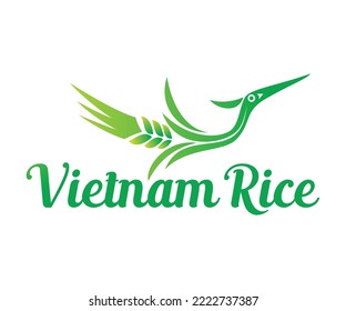 Natural Vietnamese rice logo design. Abstract logo with the ear of rice and stork symbols stylized. Suitable for rice products, organic food, vegan food, natural farm products, agricultural business.