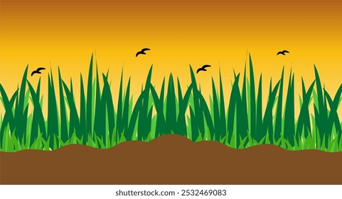 Natural view of green grass with clay and sunset in golden afternoon. With Crow Vector illustration.