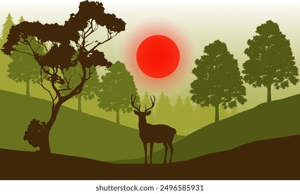 Natural View of Hills with wild deer trees and sun
