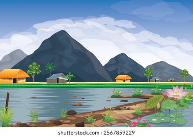 Natural view with marshes and mountains vector design