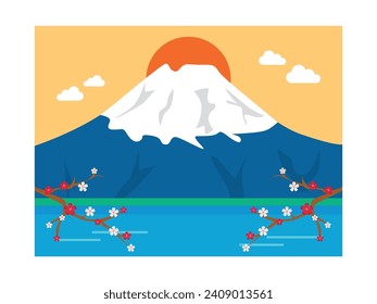 A natural view of Mount Fuji in Japan with beautiful cherry blossoms and a lake. Character design. Vector flat illustration