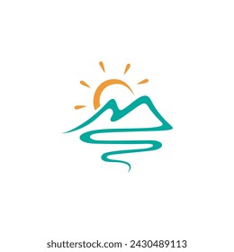 natural view of mountain, river and sunrise flat vector logo design