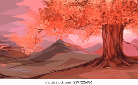 natürliche Sicht auf die Berge hinter großen Bäumen mit orangefarbenem Hintergrund