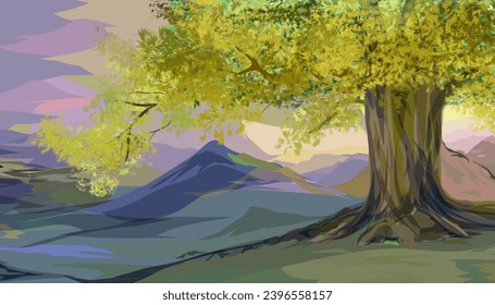 vistas naturales a las montañas y al cielo, tras los árboles, sobre un fondo verde
